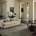 Briar Sky Grove rug styled in living room with neutral sofa, dark wooden floor, and natural light