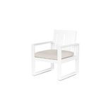 Newport Dining Chair in Satin White powder coated aluminum with wide slat back and beige cushioned seat