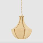 Cascade Lake pendant with dyed jute fabric in warm beige, soft lantern silhouette suspended by gold chain