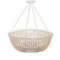 Hanging chandelier in warm background with matching wooden furniture including sideboard and tall cabinet