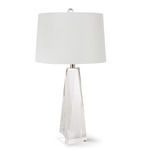 Small Angelica table lamp with a clear faceted crystal base, polished nickel hardware, and natural linen tapered shade