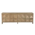 Sideboard front view showing raised leg base and consistent geometric wood details across doors