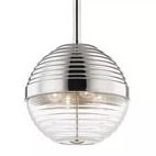 Large pendant light with tiered polished metal dome and thick clear ribbed glass diffuser