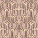 Peach blush wallpaper with stylized Moroccan peacock feather pattern in black and gold accents