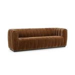 Vanty Upholstered Fabric Sofa in soft brown velvet with channel stitched cushions and rounded arms on a dark wood base