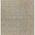 Full overhead view of rug displaying subtle vintage gray and tan tones with fringe edges