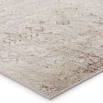 Close-up of rug corner showing fine woven texture and bound edge in neutral tones