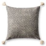 Square charcoal pillow with tasseled corners and subtle woven geometric pattern in neutral tones