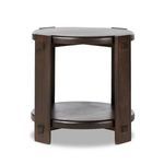 Profile view showing curved wood tops and pegged connections on two tier end table