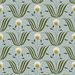 vertical scale view of ash blue wallpaper with repeating stylized green leaves and circular cream floral design