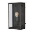 Royster Outdoor Wall Sconce in matte black brass with industrial design and clear glass panels