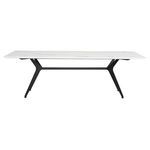 Front view showing full length of white ceramic tabletop and black metal legs of Daniele dining table
