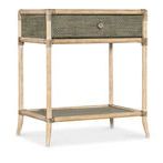 Retreat Pole Rattan Bedside Table with seagrass green painted raffia drawer and shelf, natural maple veneer frame and legs