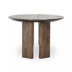 Side view of table showing thickness of tabletop and curved rectangular leg design