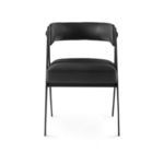 Front view showing padded black leather seat and curved backrest of armchair
