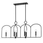 Mallory 6 Light Island Light with black steel six candelabra bulbs inside arched open-frame design hanging from rectangula...