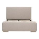 Straight-on front view of assembled bed with white bedding aligned and headboard visible