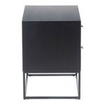 Side profile view of Atelier nightstand showing solid black side and iron frame base
