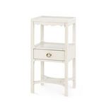 Sara 1-Drawer End Table in sailcloth sheen finish with scalloped apron and round brass drawer pull