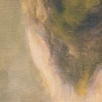 detailed close-up of the canvas texture and soft brush strokes in muted green and cream tones