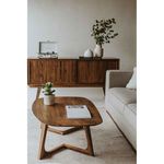 Top view of Godenza coffee table with plant and magazine on a textured cream rug and wooden cabinet in background