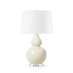 Devon Sand Dollar Lamp with double gourd ceramic base in pale cream crackled glaze and white linen drum shade on clear acr...