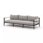 Sherwood 93-inch Faye Ash outdoor sofa with dark aluminum frame, gray Sunproof fabric cushions, rope-wrapped armrests