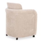 Curved back view highlighting smooth upholstery and rounded backrest above rolling casters