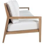 Detailed view of woven rattan back inset bordered by teak wood on Savannah Sofa