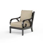 Front-left angled view emphasizing chair height, arm scrolls, and cushion thickness on Monterey Club Chair