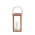 Rectangular outdoor lantern made of recycled teak with clear glass sides and white pillar candle inside, leather strap han...