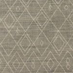 Detailed top view of rug's geometric diamonds and linear Berber patterns in grey with white accents