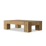Angled view showing thick legs and table depth with visible wood grain and rustic texture