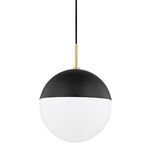 Renee 1 Light Large Pendant with black matte dome top, white glass bottom globe, and brass accent on suspension rod