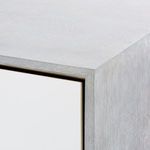 Close-up showing detailed wood grain and smooth gray finish on cabinet side