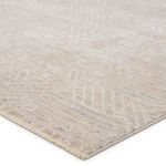 close-up of rug corner showing tan and gray geometric pattern with cream fringe detail