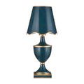 Travelogue lamp with scalloped navy shade showing slight seam on shade surface