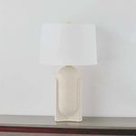 Leeston lamp shown from a front angle highlighting curved and angled geometric shapes of the ceramic base