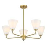 Side view of Blair chandelier with lights facing upward showcasing sleek warm brass arms