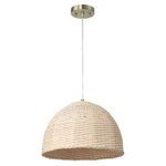 Dome-shaped pendant light with handwoven natural fibers and brass metal canopy
