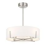 Bottom view highlighting illuminated white fabric shade and satin nickel structure