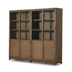 Slightly angled front view of closed double cabinet showing wood and glass paneled doors