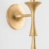 Side view showing arm extending from round backplate supporting sconce body with flared trumpet forms