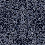 blue matte wallpaper with intricate spiral and floral pattern in black accents