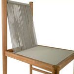 Angled close-up of Pacifica chair’s taupe rope seat and back with natural teak frame, no cushion