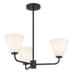 Side angle of Blair chandelier with curved matte black arms and white conical glass shades