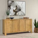 Sideboard in room with wall art and decorative plants, showcasing natural oak finish