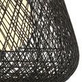 Osbert Black Pendant shown from front with glowing light surrounded by black twine loops and metal frame