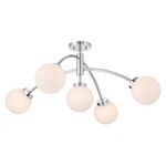 Angled view from below highlighting shape of chrome fixture and five illuminated white orbs