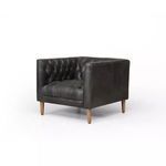 Ebony leather Williams chair with tufted seat and back, square arms, and wooden tapered legs